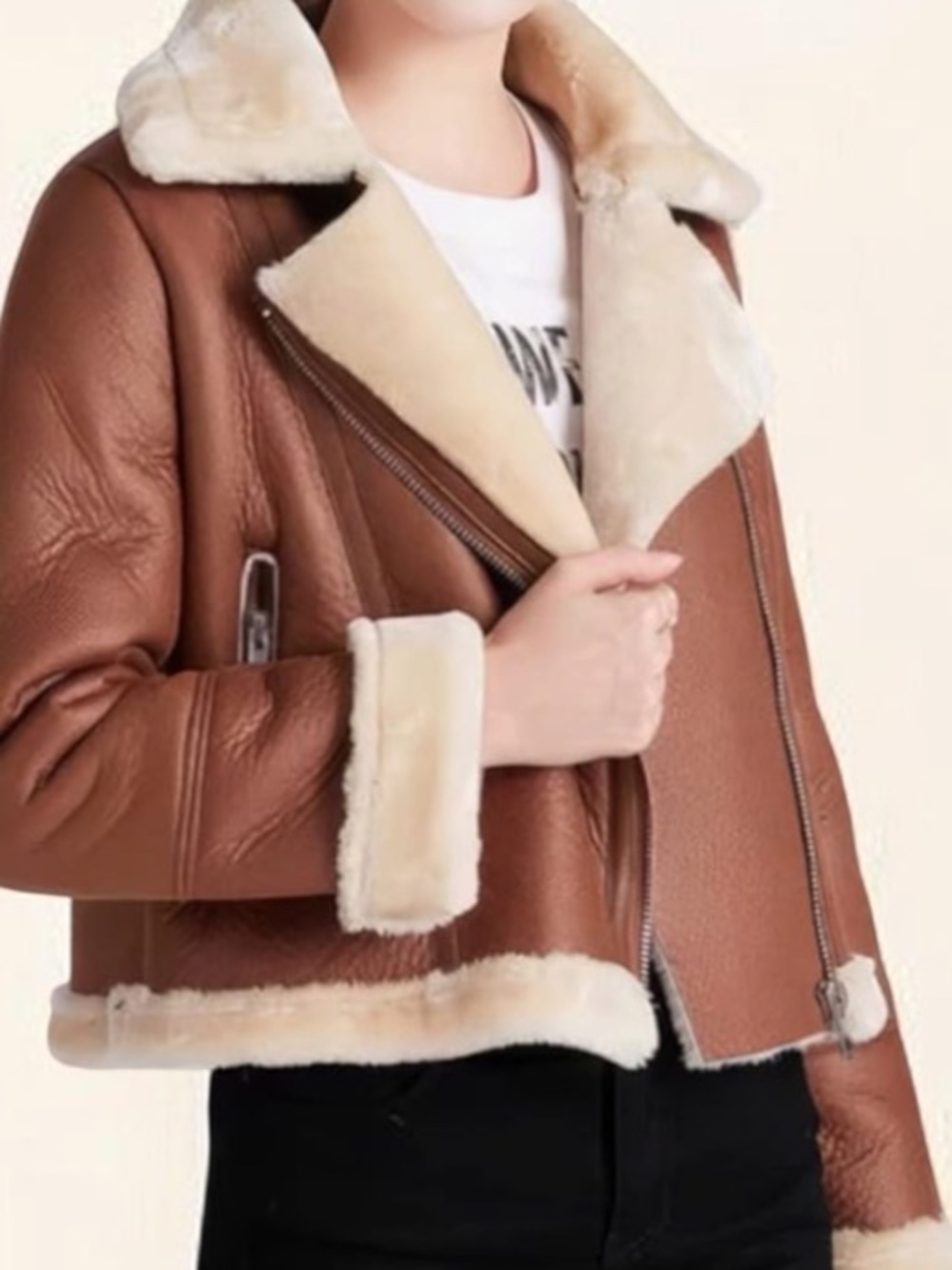 Cider Brown Bomber Jacket with Cream Shearling Trim